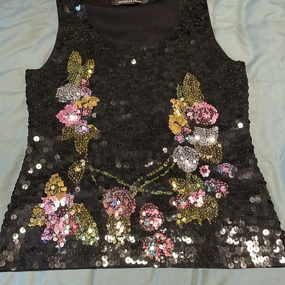 Sequin Floral Top Medium Maximalist Michelle Nicole Black Pink Tank Sparkly - Picture 13 of 15